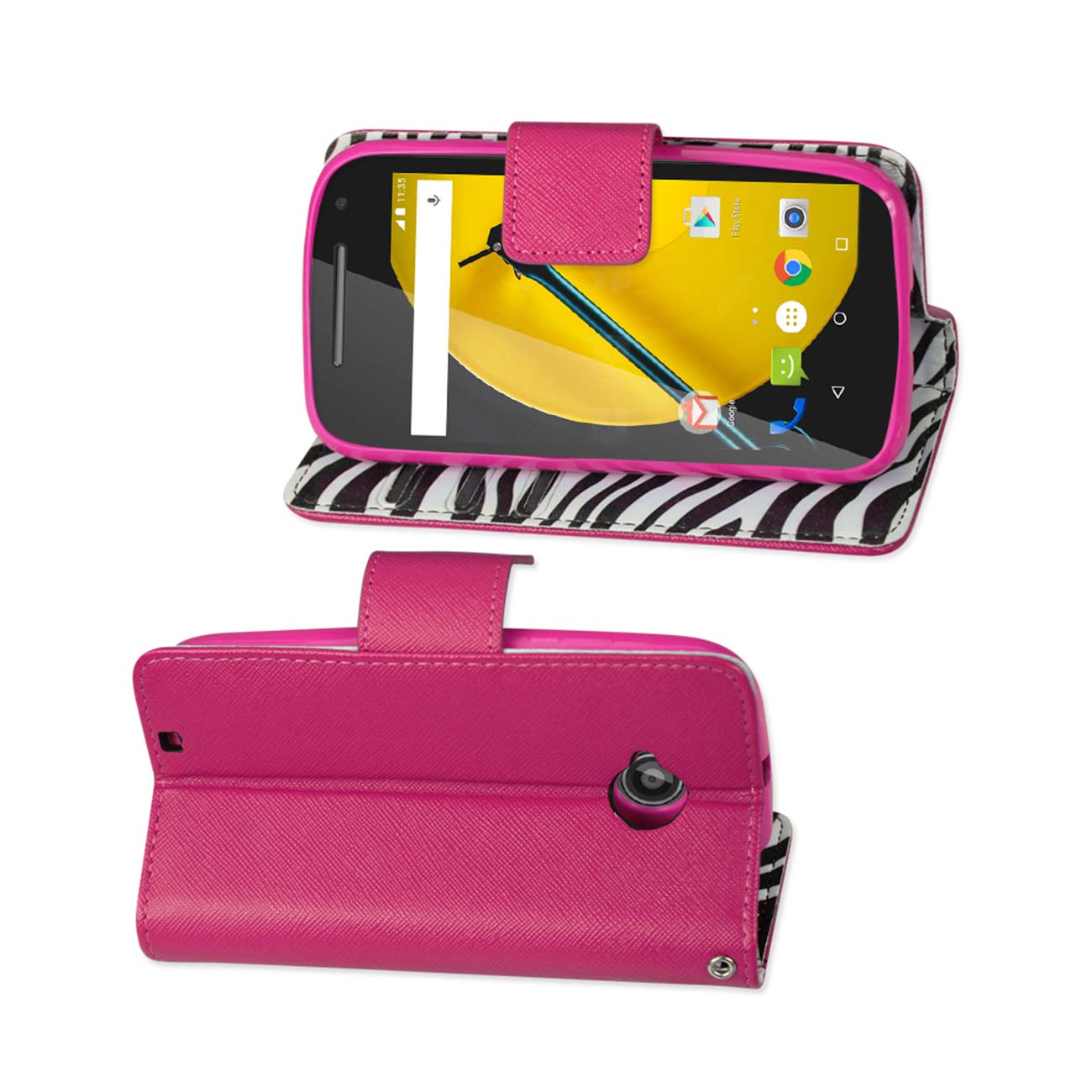 Wallet Case 3-In-1 Interior Zebra Pattern Motorola Moto E 2015 Hot Pink Color