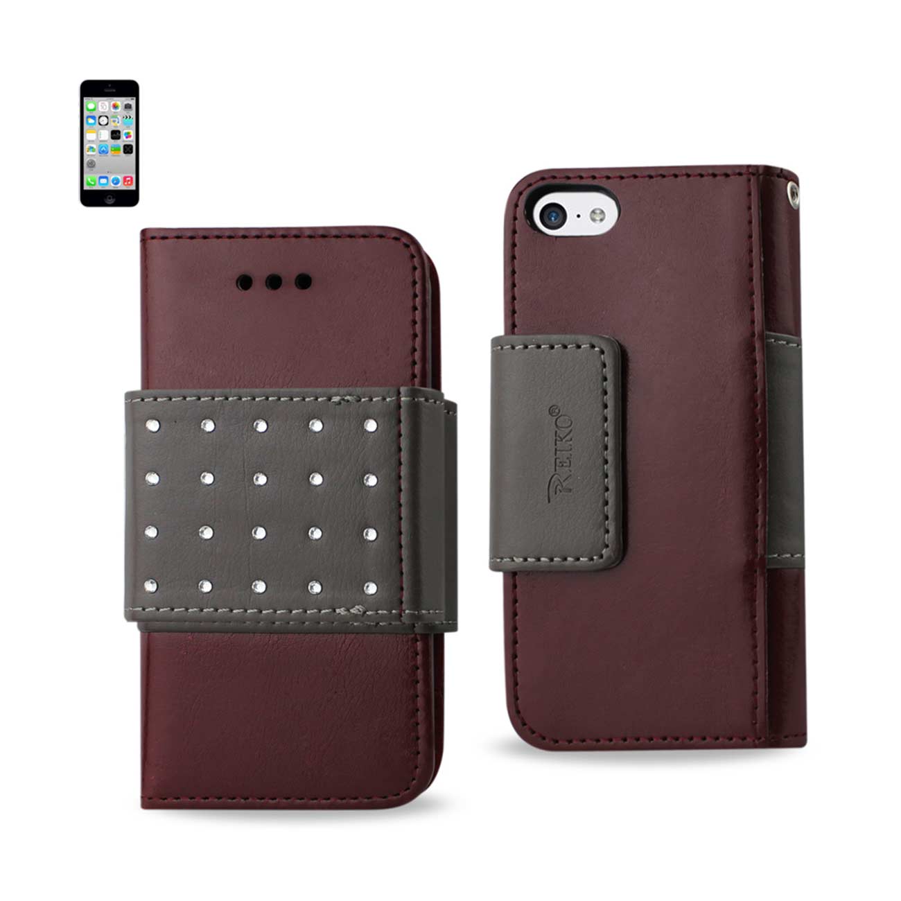 Wallet Case Jewelry Diamond Studs Belt iPhone 5C Dark Red Color