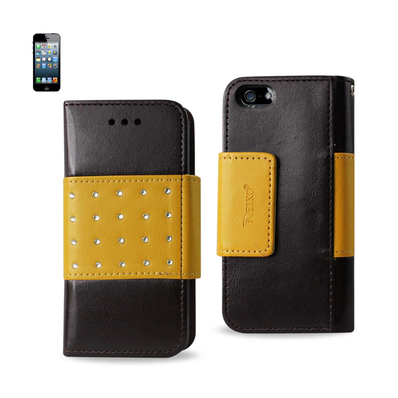 Wallet Case Jewelry Diamond Studs Belt iPhone Se/ 5S/ 5 Brown Color