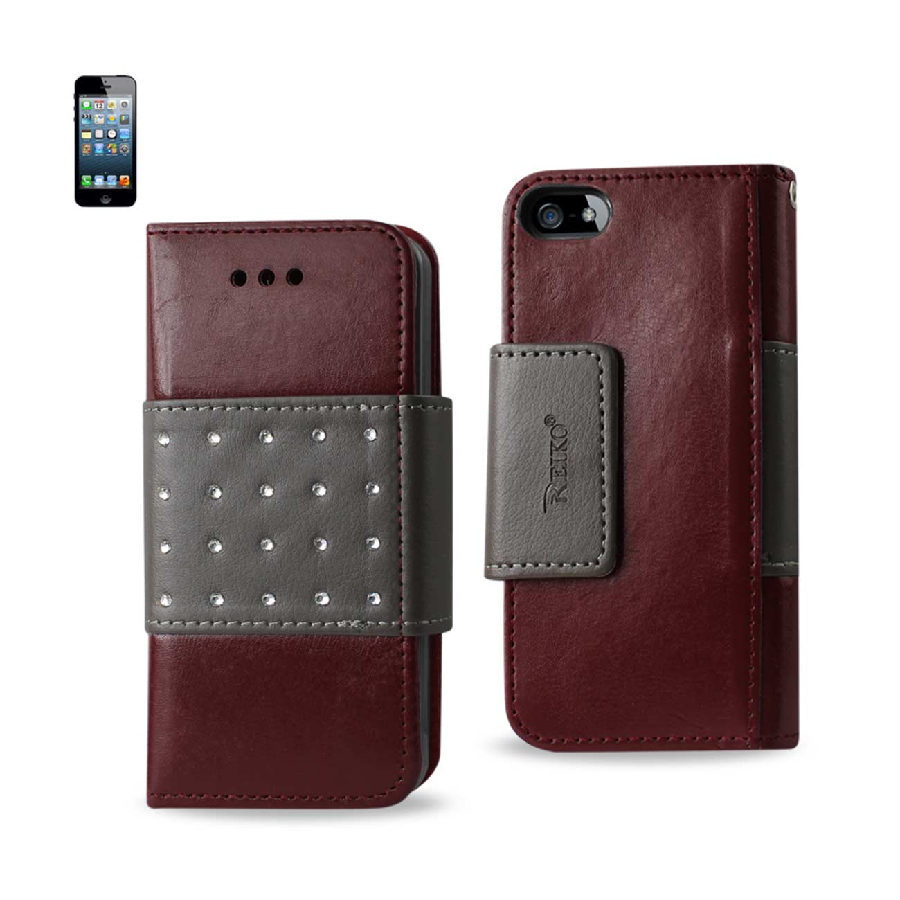 Wallet Case Jewelry Diamond Studs Belt iPhone Se/ 5S/ 5 Dark Red Color