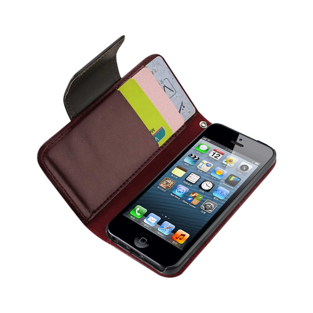 Wallet Case Jewelry Diamond Studs Belt iPhone Se/ 5S/ 5 Dark Red Color