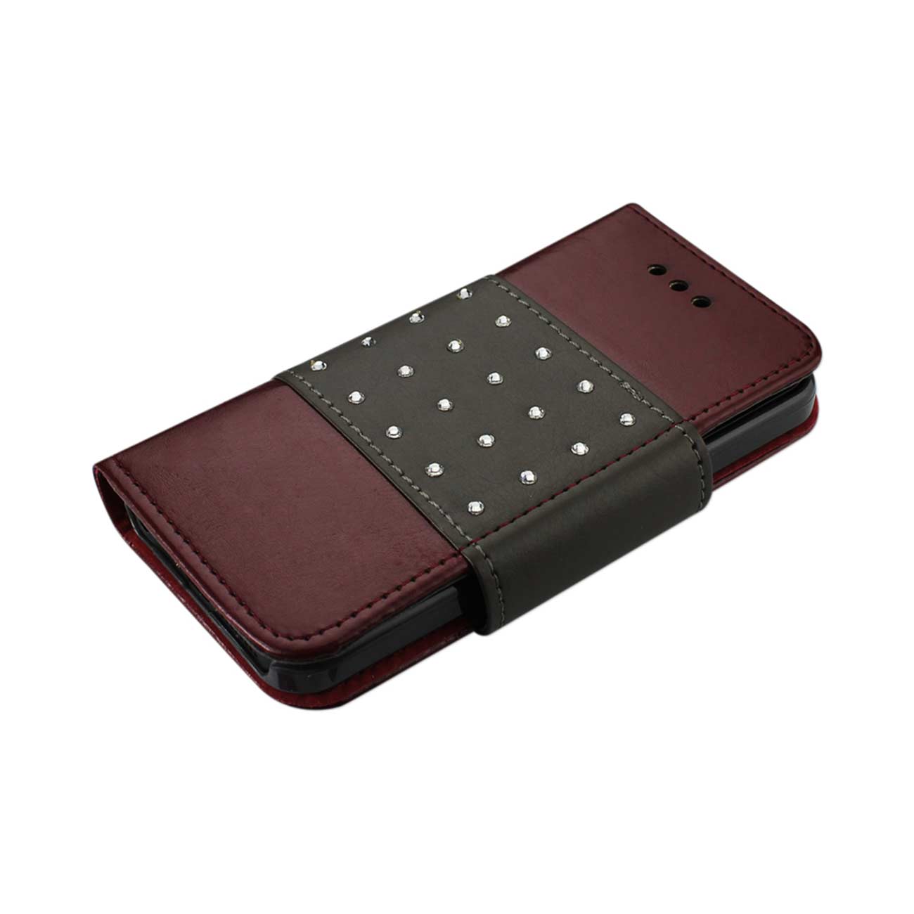 Wallet Case Jewelry Diamond Studs Belt iPhone Se/ 5S/ 5 Dark Red Color