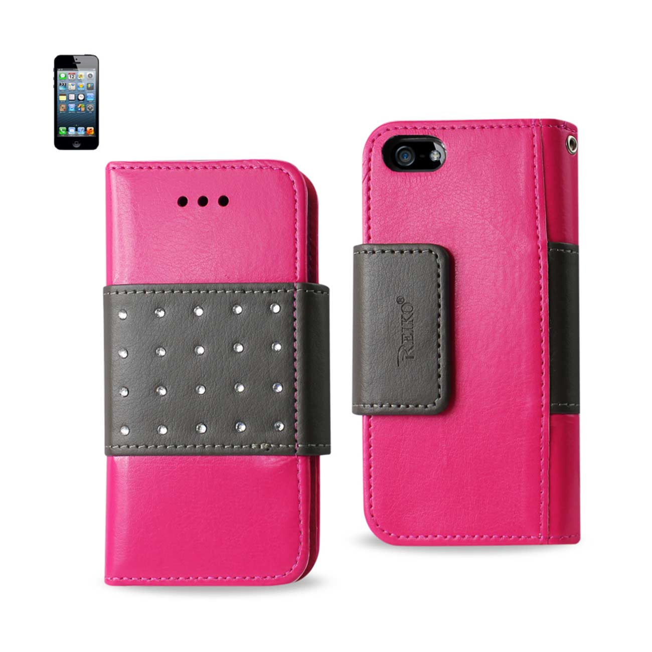 Wallet Cas Jewelry Diamond Studs Belt iPhone SE/ 5S/ 5 Hot Pink Color