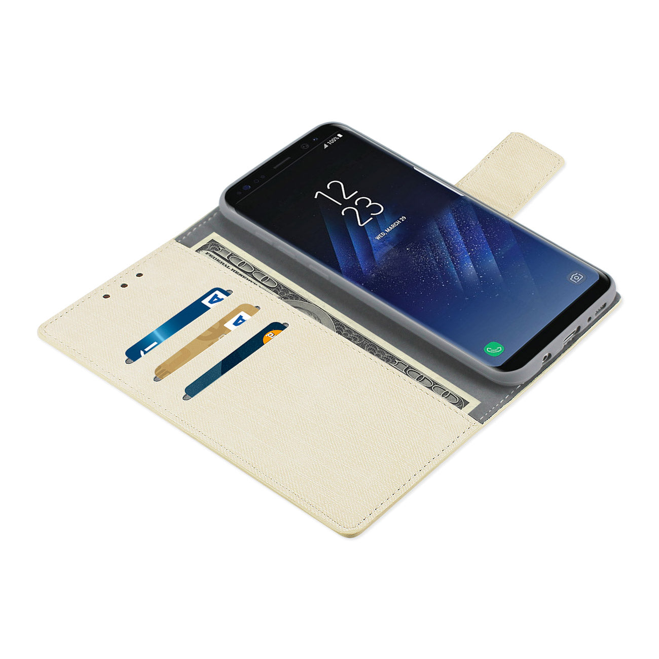 Wallet Case Denim Gummy Inner Shell Kickstand Function Samsung Galaxy S8 Edge/ S8 Plus Beige Color