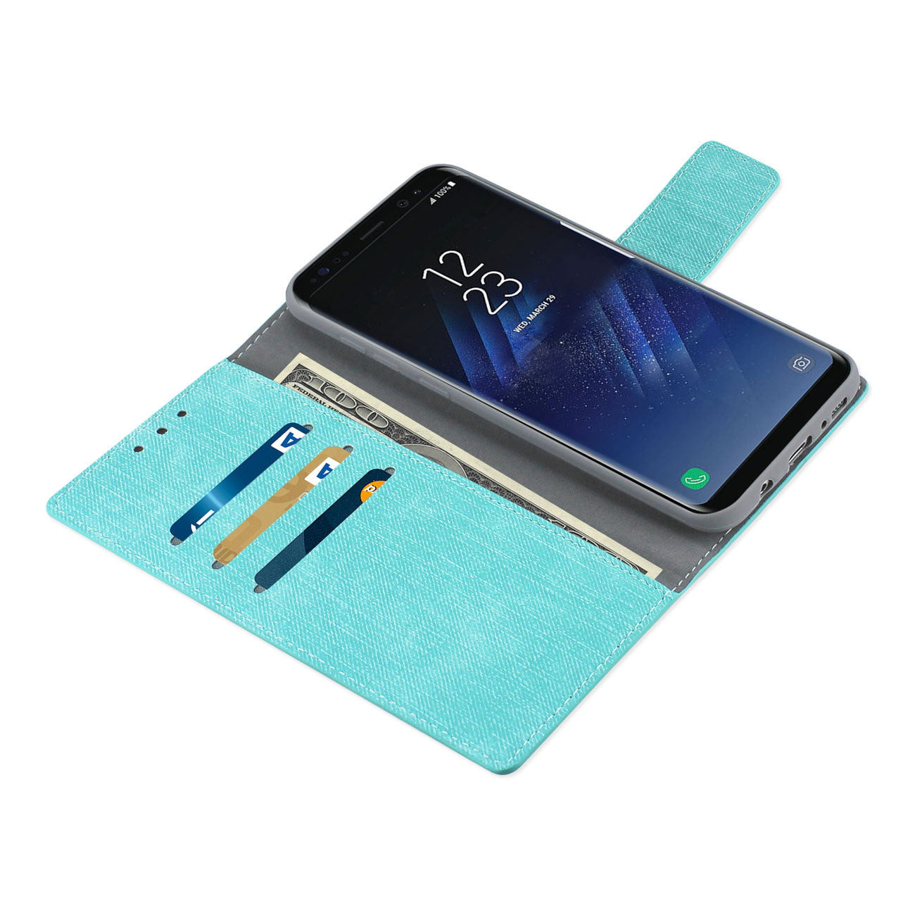 Wallet Case Denim Gummy Inner Shell Kickstand Function Samsung S8 Edge/ S8 Plus Blue Color