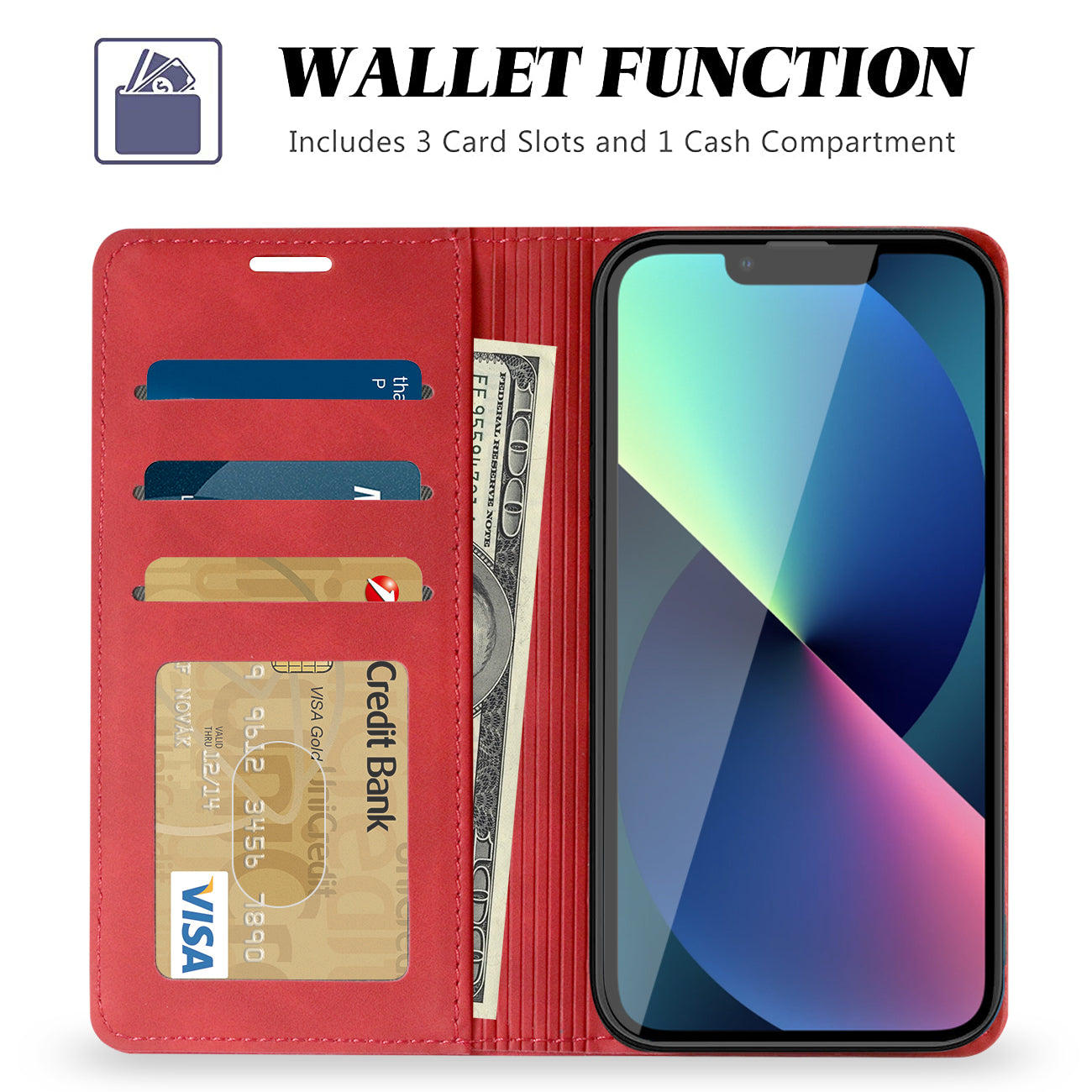 Wallet Phone Case Leather Magnetic Apple iPhone 13 Red Color