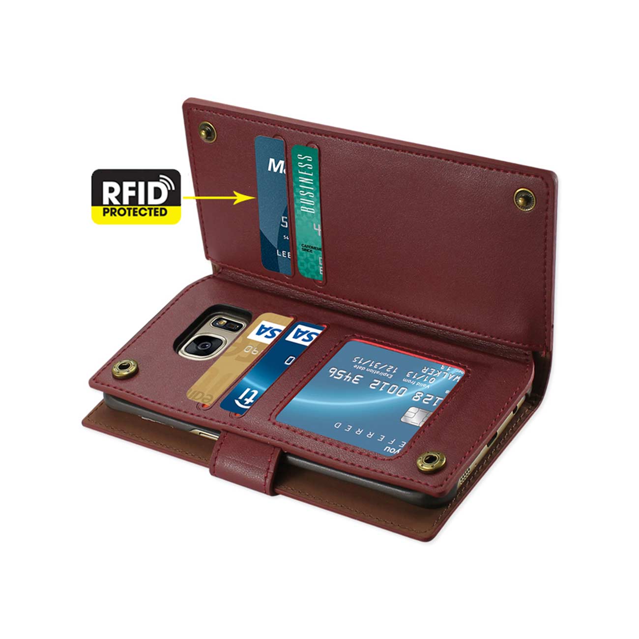 Wallet Case Genuine Leather RFID Samsung Galaxy S7 Edge Burgundy Color