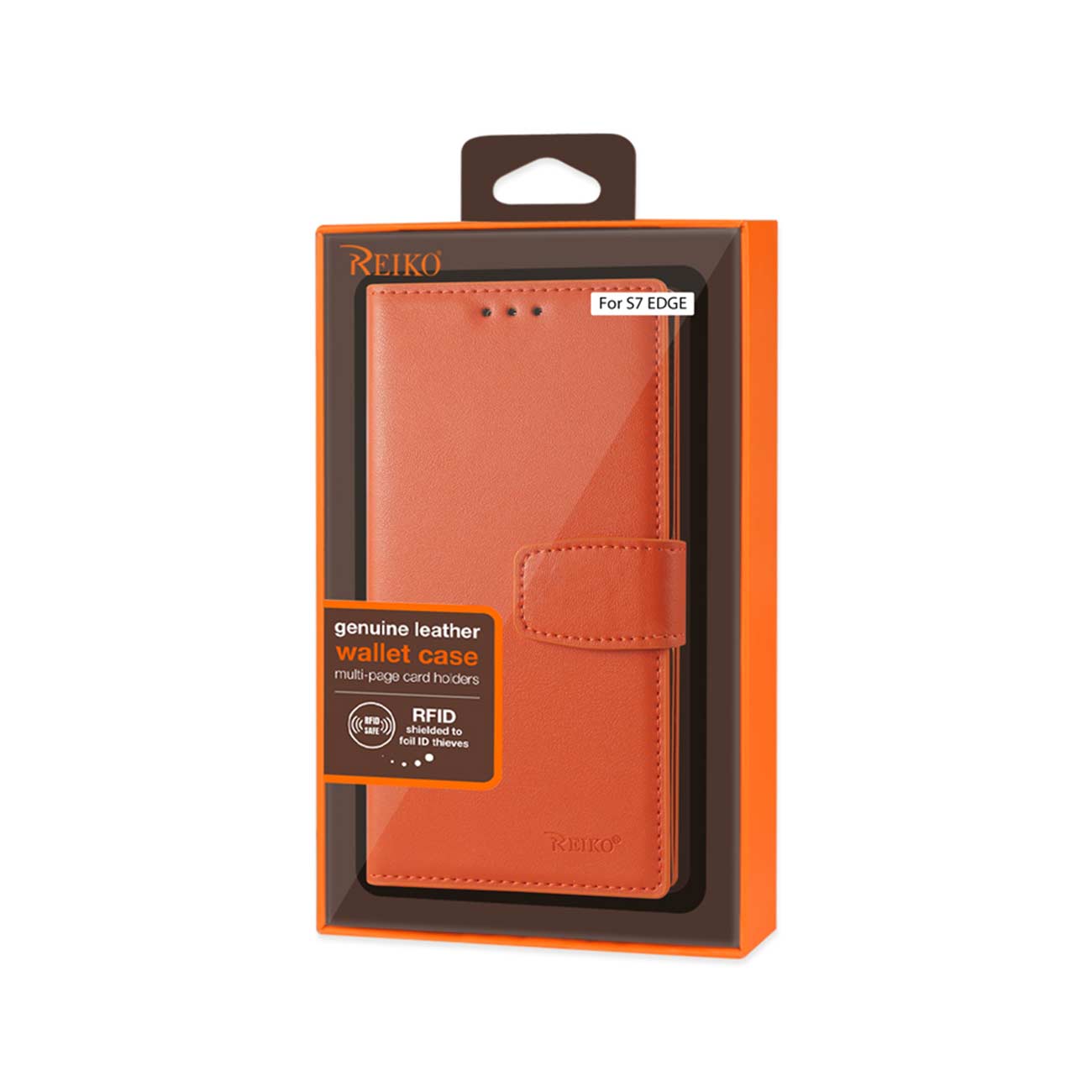 Wallet Case Genuine Leather RFID Samsung Galaxy S7 Edge Tangerine Color
