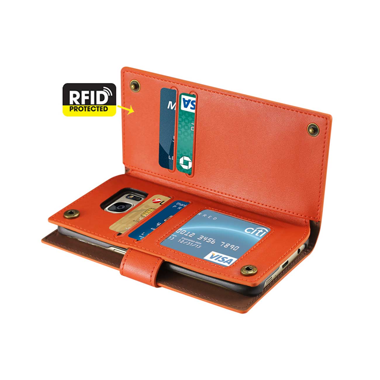 Wallet Case Genuine Leather RFID Samsung Galaxy S7 Tangerine Color