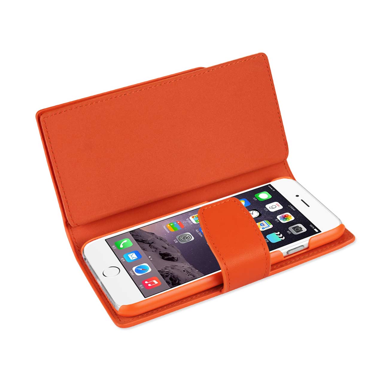 Wallet Case Genuine Leather With Open Thumb Cut iPhone 6 Plus Tangerine Color