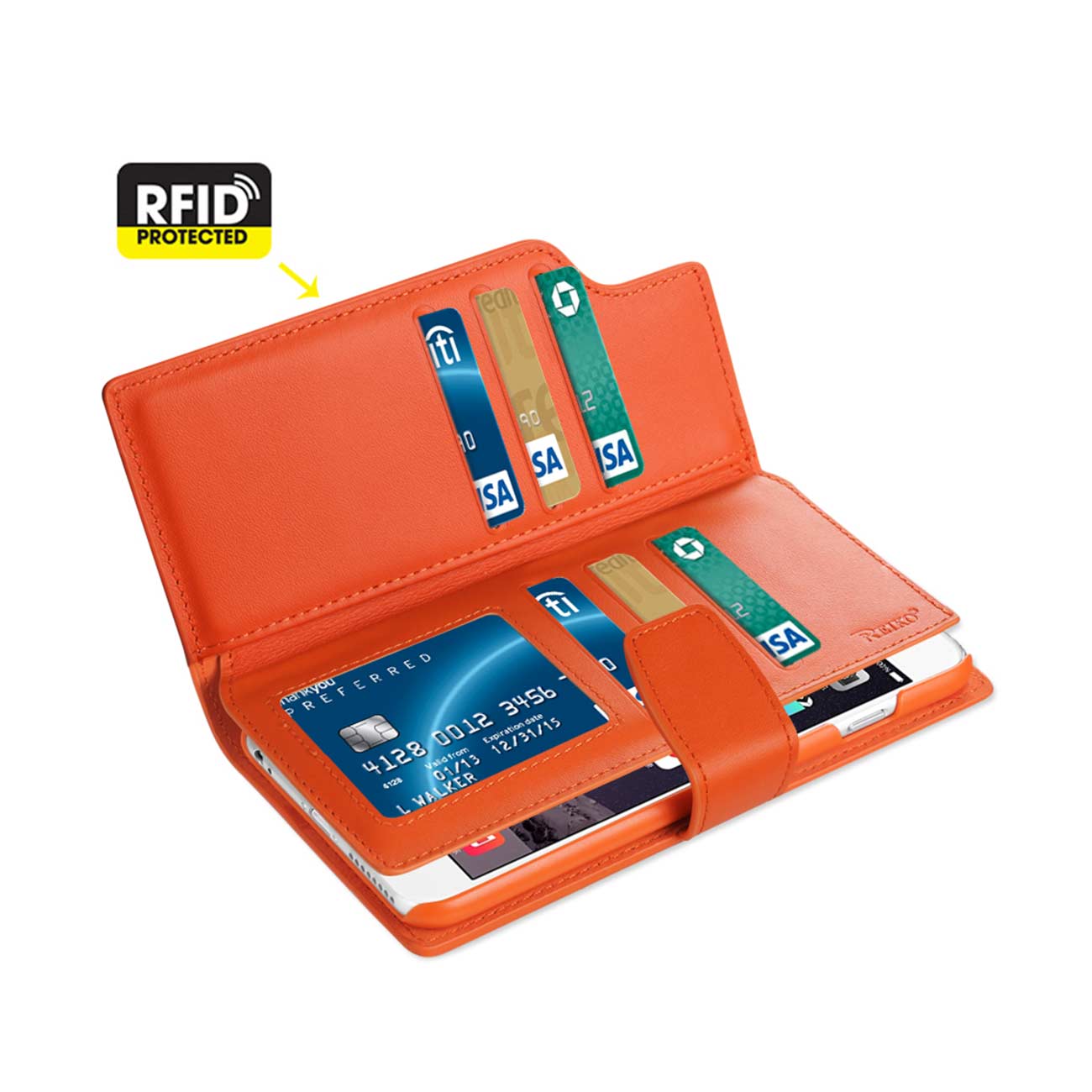 Wallet Case Genuine Leather With Open Thumb Cut iPhone 6 Plus Tangerine Color