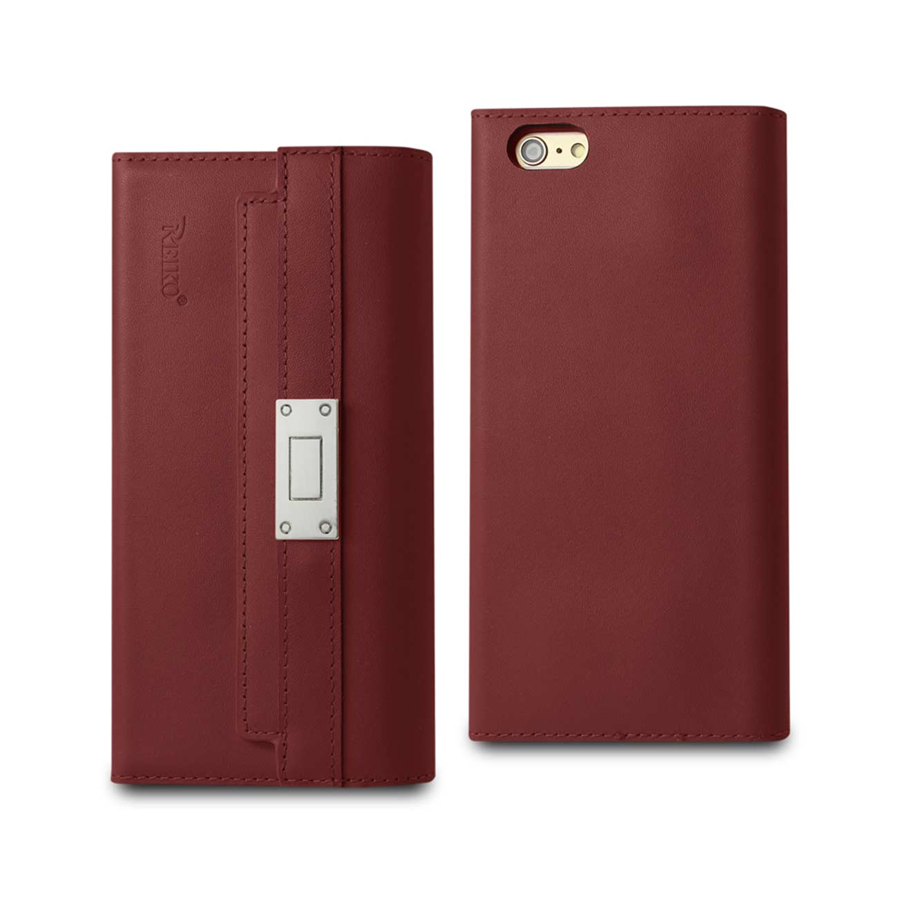 Wallet Case Genuine Leather RFID Metal Buckle Belt iPhone 6S Plus Burgundy Color