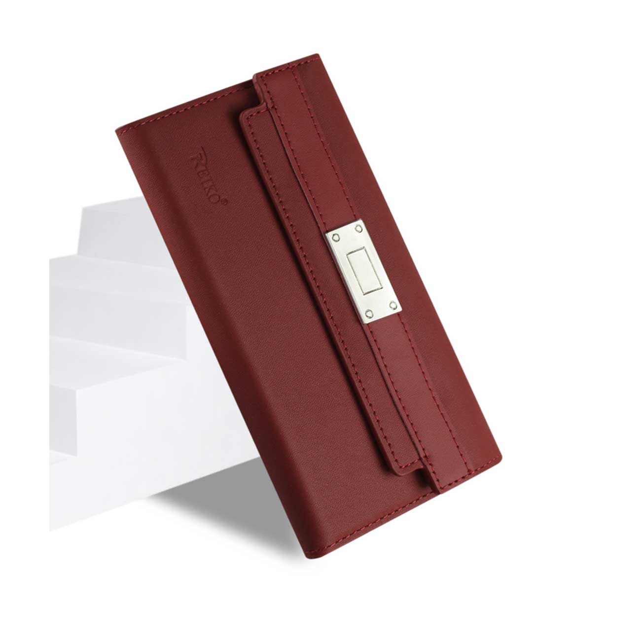 Wallet Case Genuine Leather RFID Metal Buckle Belt iPhone 6S Plus Burgundy Color