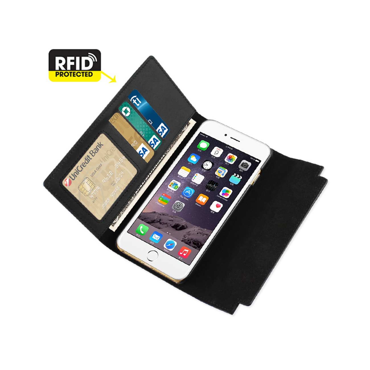 Wallet Case Genuine Leather RFID Metal Buckle Belt iPhone 6S Plus Black Color