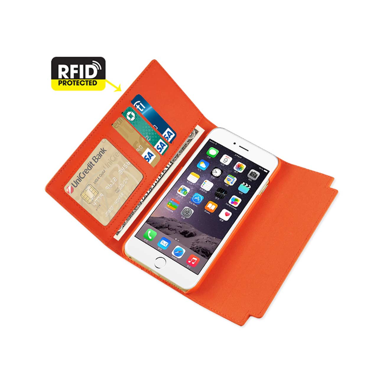 Wallet Case Genuine Leather RFID Metal Buckle Belt iPhone 6S Plus Tangerine Color