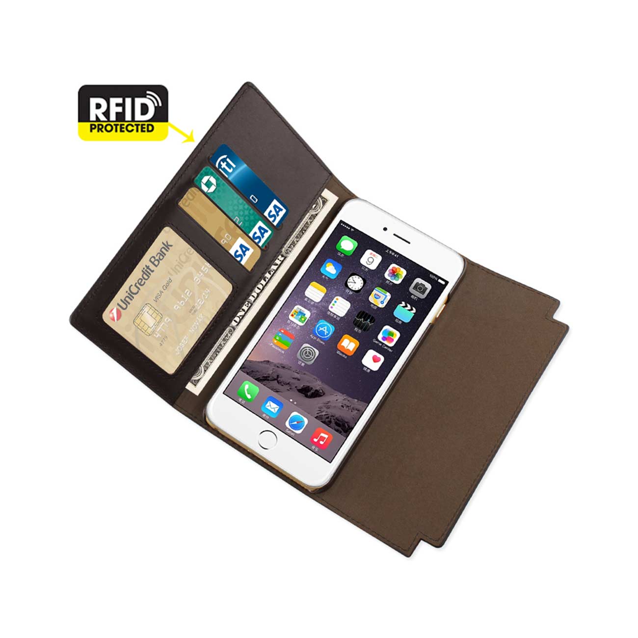 Wallet Case Genuine Leather RFID Metal Buckle Belt iPhone 6S Plus Umber Color