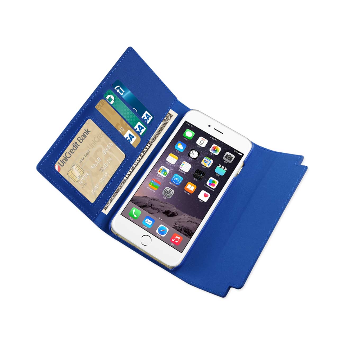 Wallet Case Genuine Leather RFID Metal Buckle Belt iPhone 6S Plus Ultramarine Color