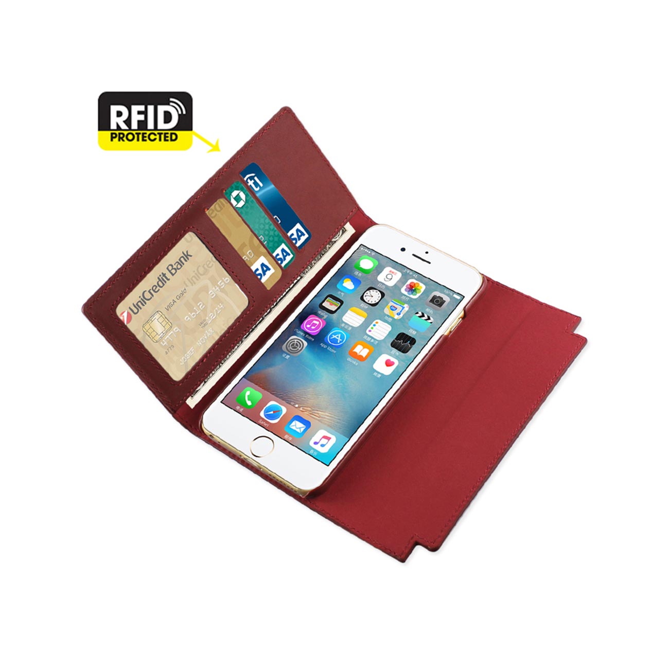 Wallet Case Genuine Leather RFID Metal Buckle Belt iPhone 6S Burgundy Color
