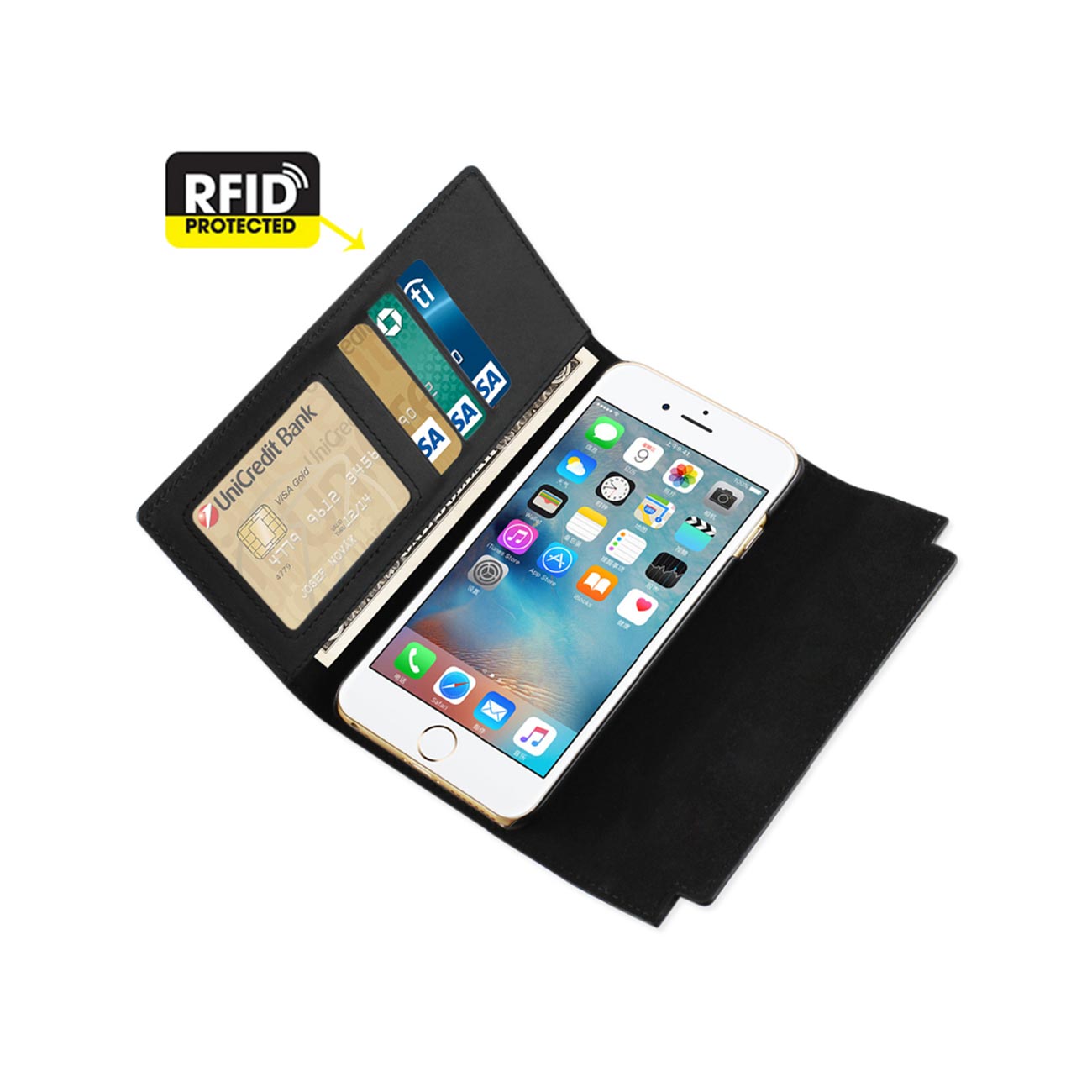 Wallet Case Genuine Leather RFID Metal Buckle Belt iPhone 6S Black Color