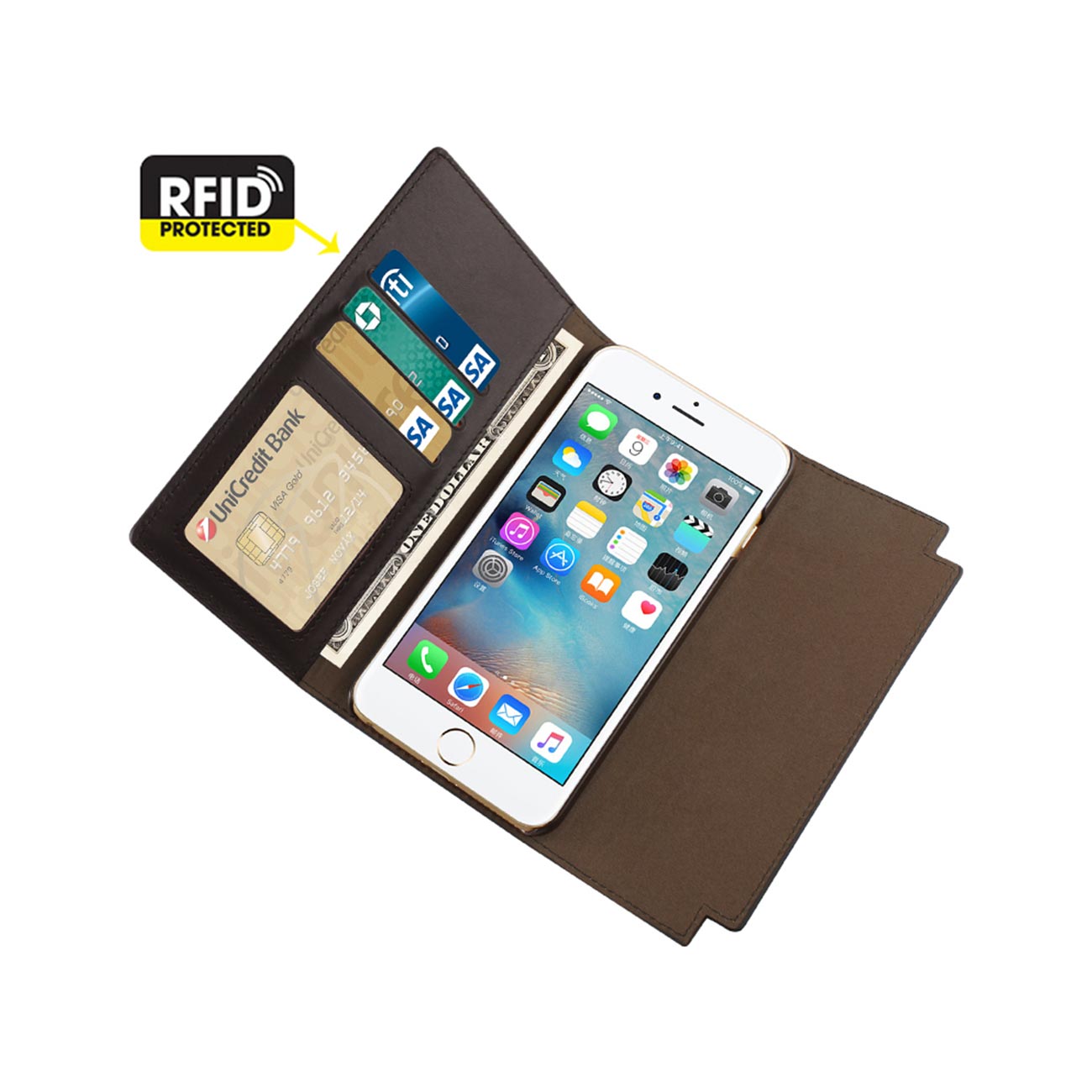 Wallet Case Genuine Leather RFID Metal Buckle Belt iPhone 6S Umber Color