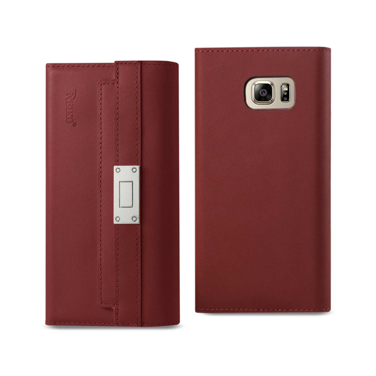 Wallet Case Genuine Leather RFID Metal Buckle Belt Samsung Galaxy Note 5 Burgundy Color