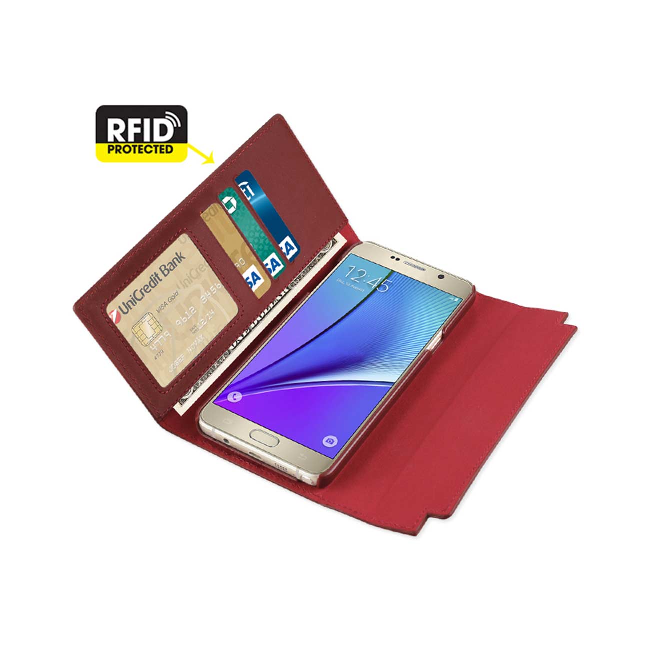 Wallet Case Genuine Leather RFID Metal Buckle Belt Samsung Galaxy Note 5 Burgundy Color