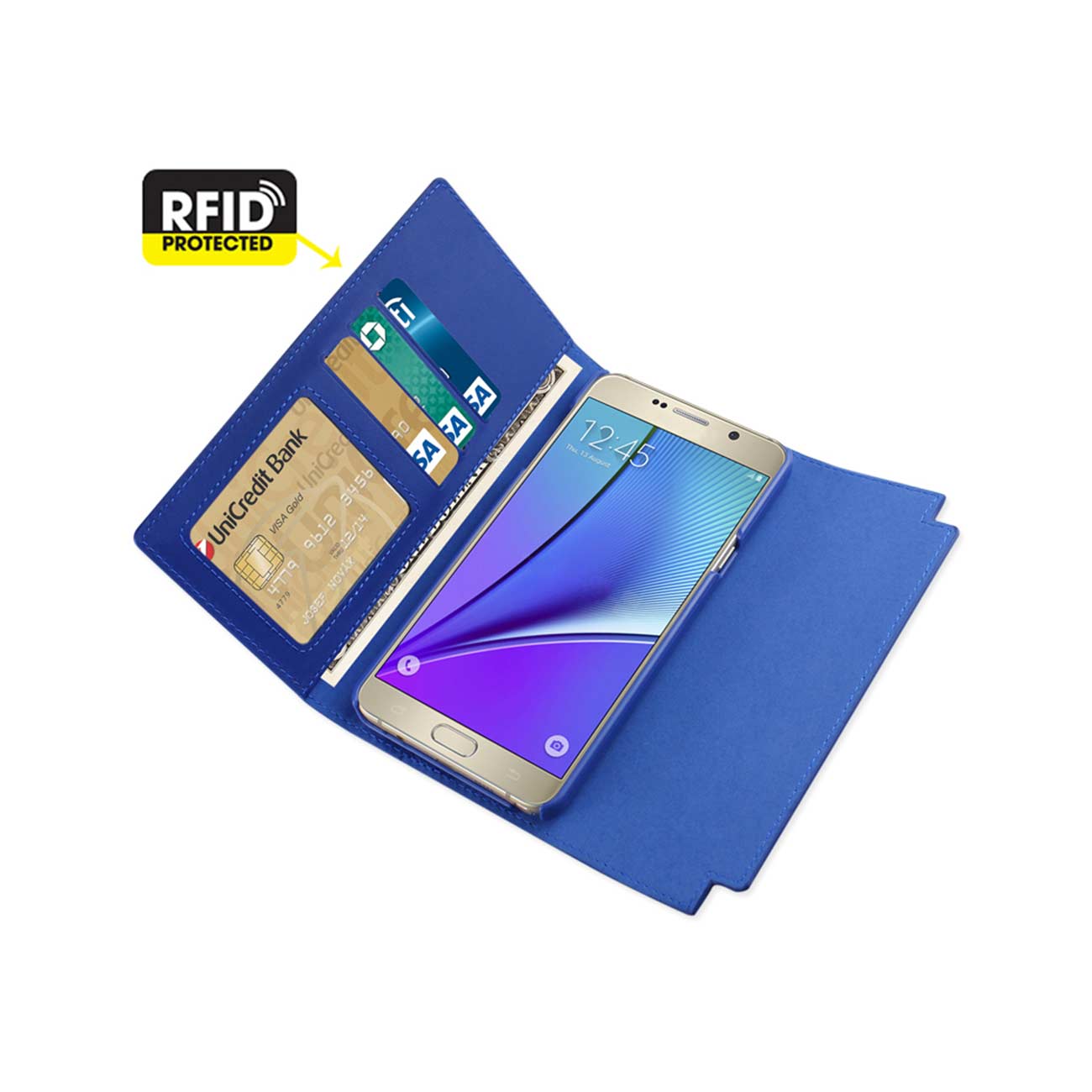 Wallet Case Genuine Leather RFID Metal Buckle Belt Samsung Galaxy Note 5 Ultramarine Color