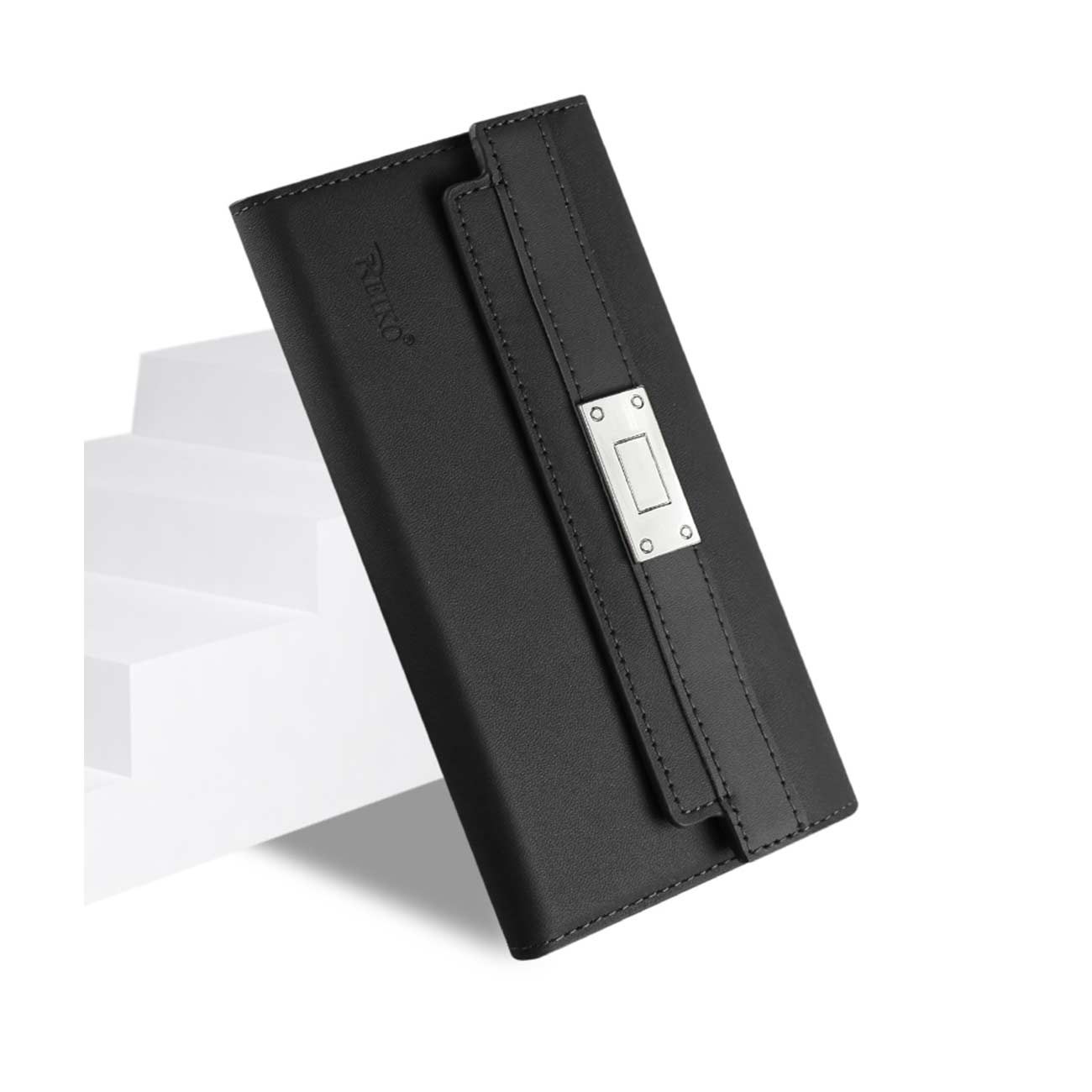 Wallet Case Genuine Leather RFID Metal Buckle Belt Samsung Galaxy S6 Black Color