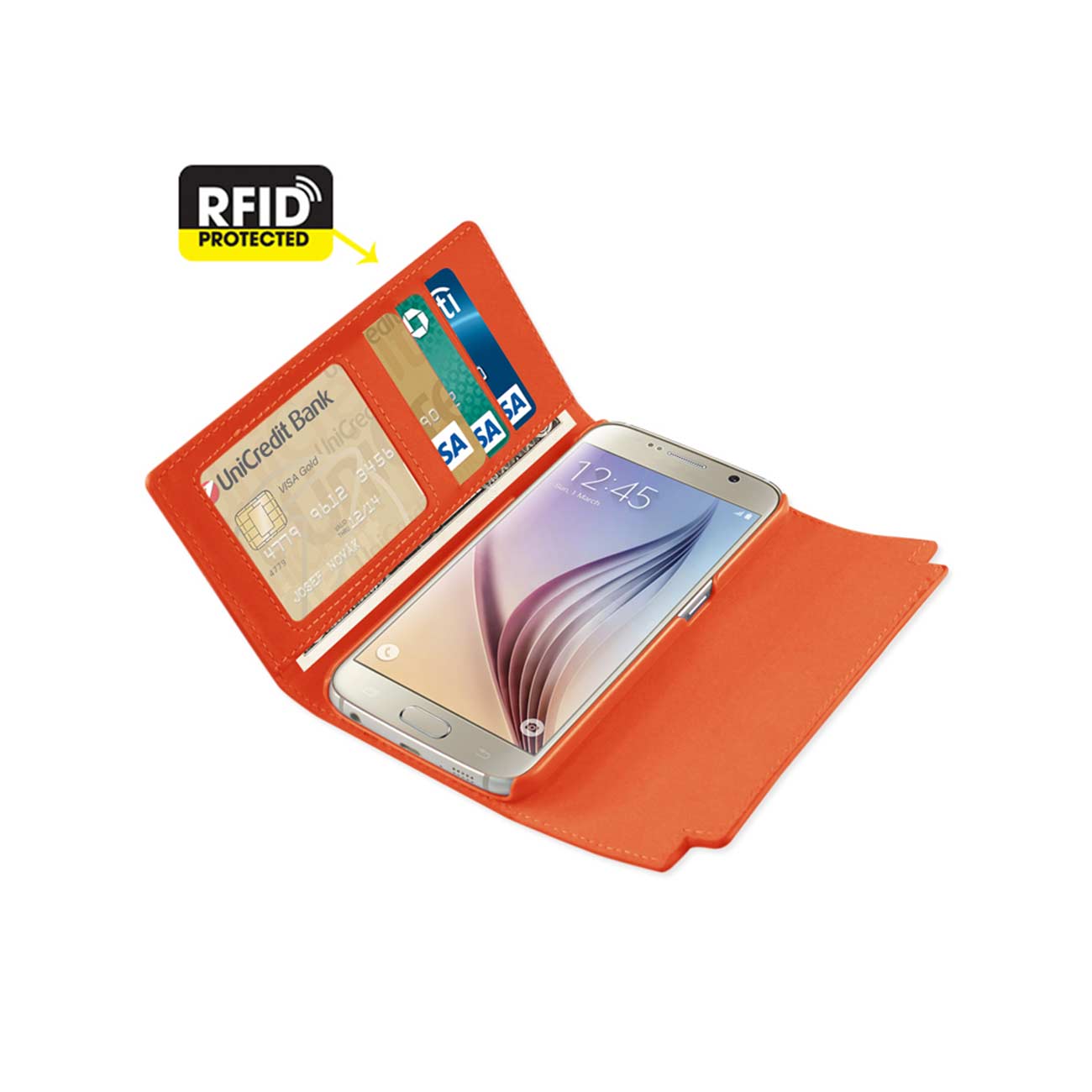 Wallet Case Genuine Leather RFID Metal Buckle Belt Samsung Galaxy S6 Tangerine Color