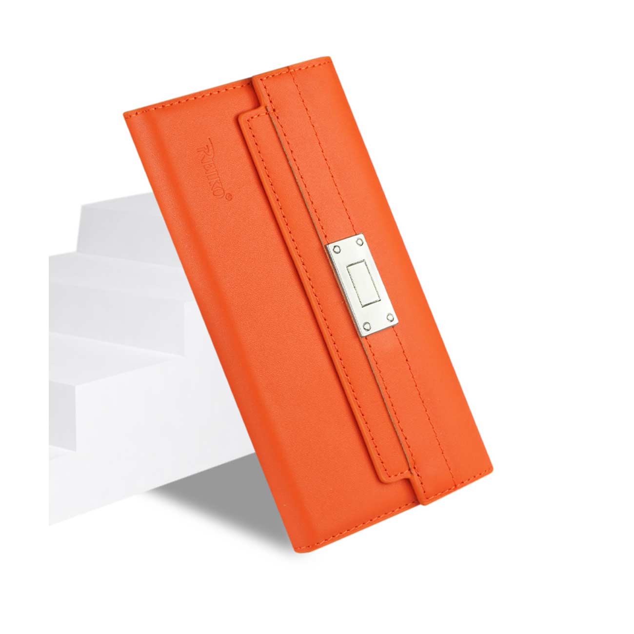 Wallet Case Genuine Leather RFID Metal Buckle Belt Samsung Galaxy S6 Tangerine Color