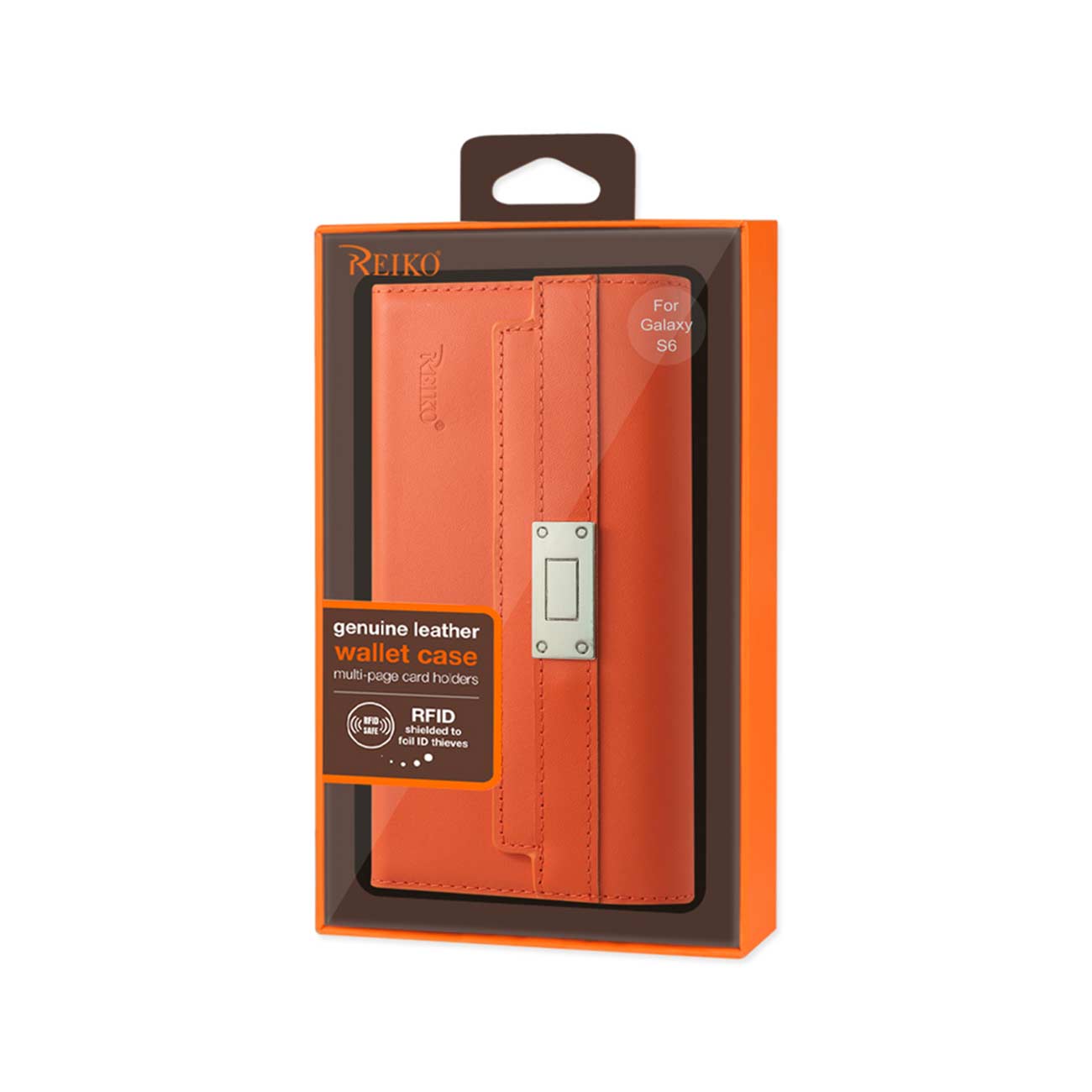 Wallet Case Genuine Leather RFID Metal Buckle Belt Samsung Galaxy S6 Tangerine Color