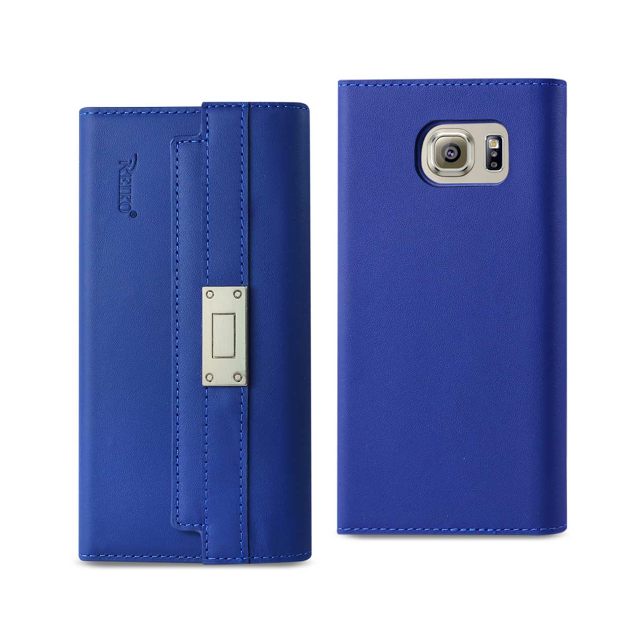 Wallet Case Genuine Leather RFID Metal Buckle Belt Samsung Galaxy S6 Ultramarine Color