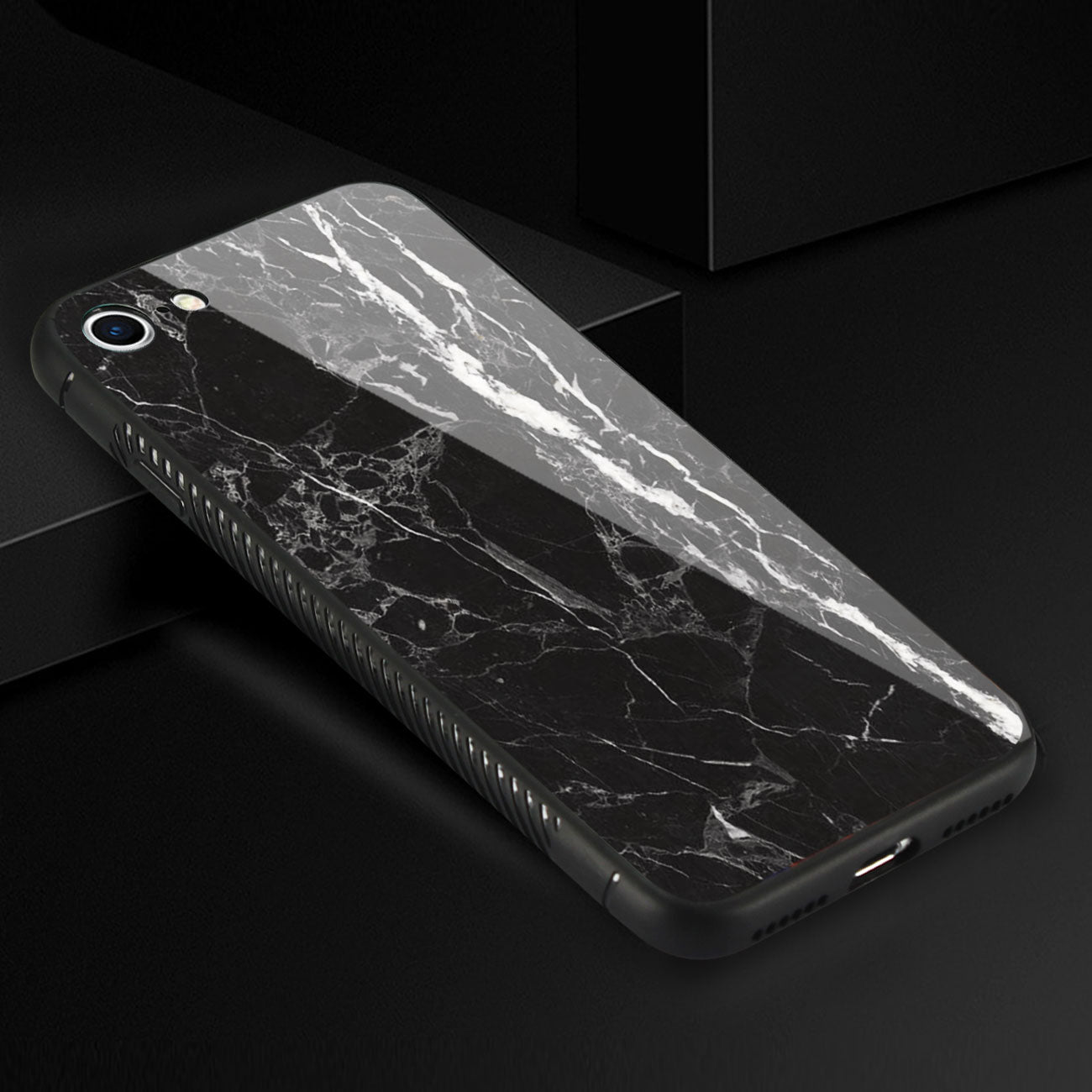 iPhone 7/8/SE2 Hard Glass Design TPU Case With Black Marble