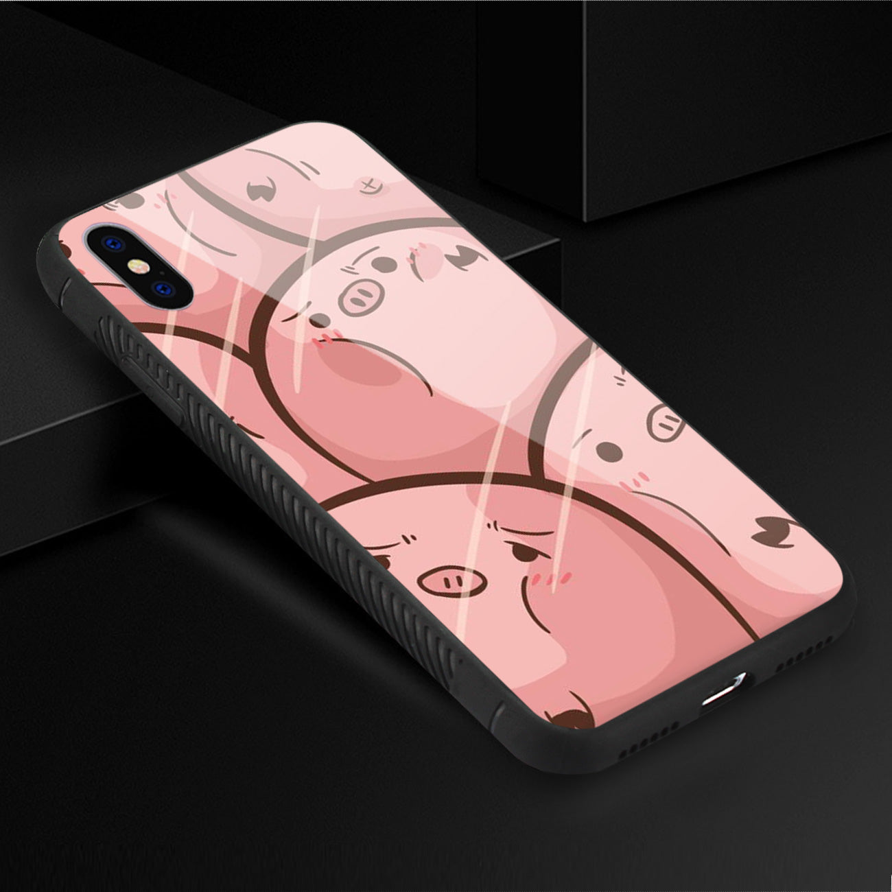 iPhone X/iPhone XS Hard Glass Design TPU Case With Pink Pig Faces