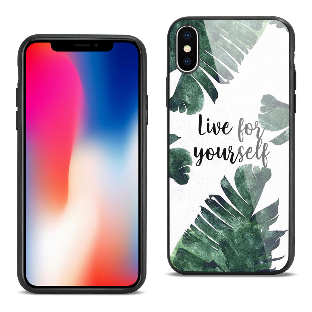 Case TPU Hard Glass Leaves Design Reiko iPhone X