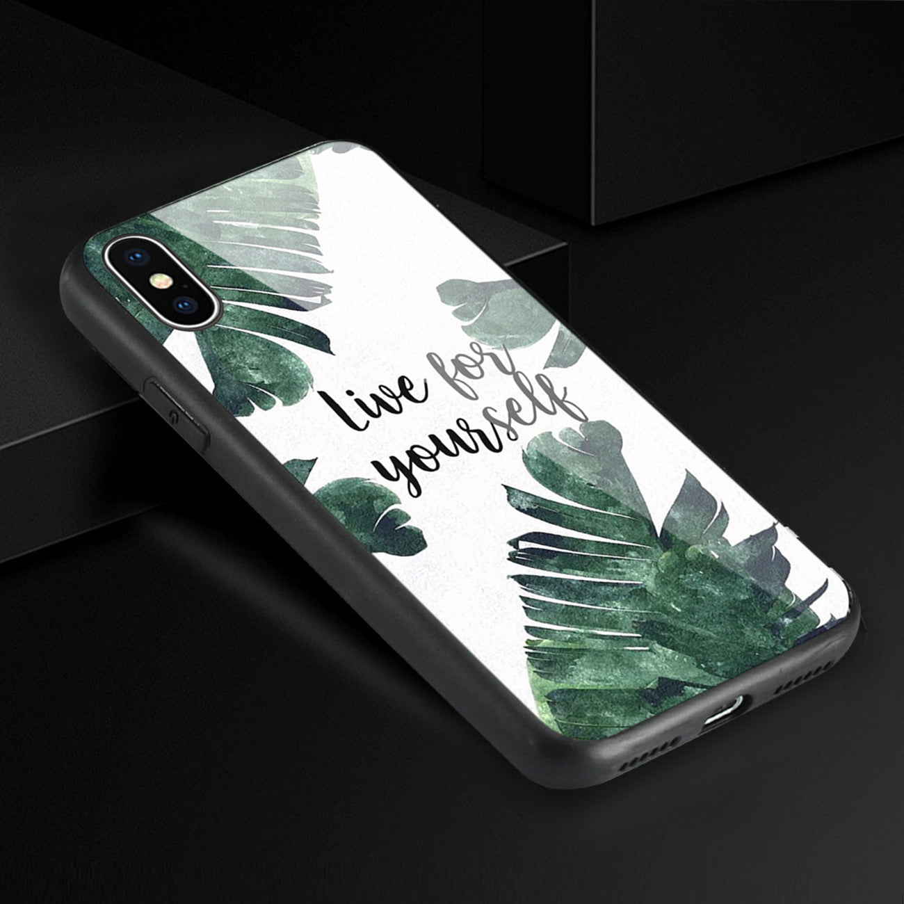 Case TPU Hard Glass Leaves Design Reiko iPhone X