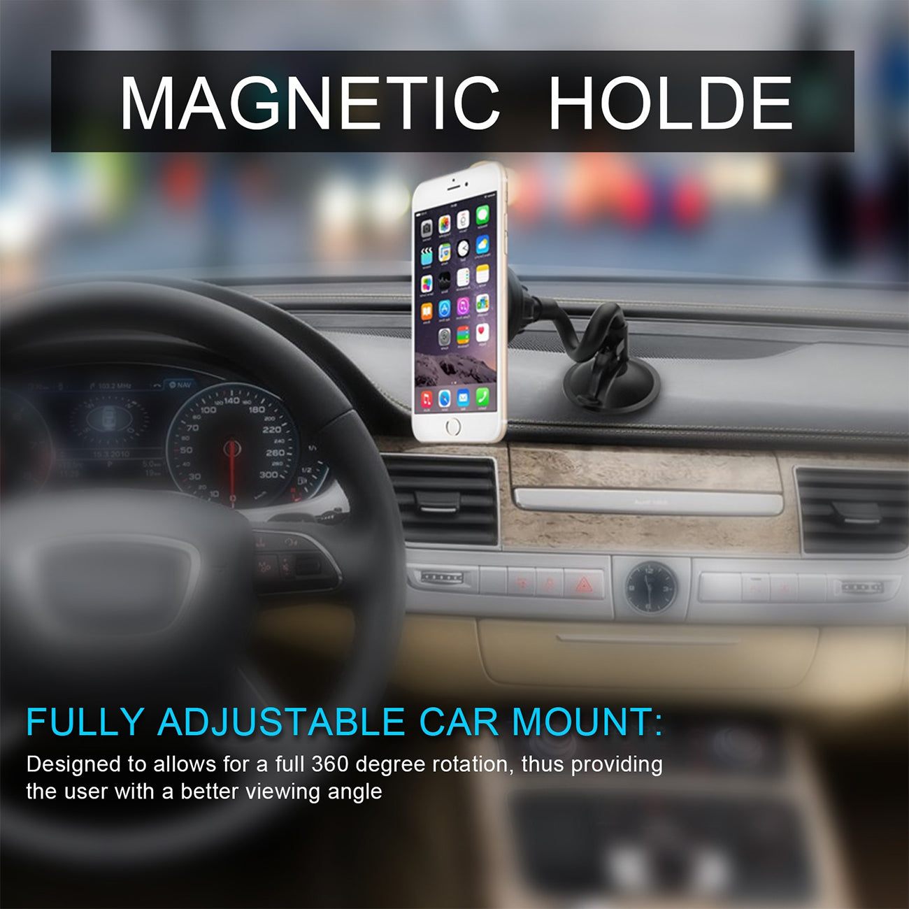 Car Dashboard Mount Long Magnetic Phone Holder Universal 360° Mounting Plate