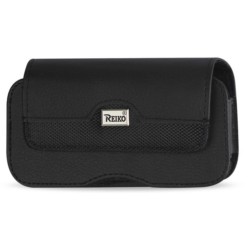 Rugged Horizontal Leather Pouch/Phone Holster With Metal Logo And Magnetic Closure In Black