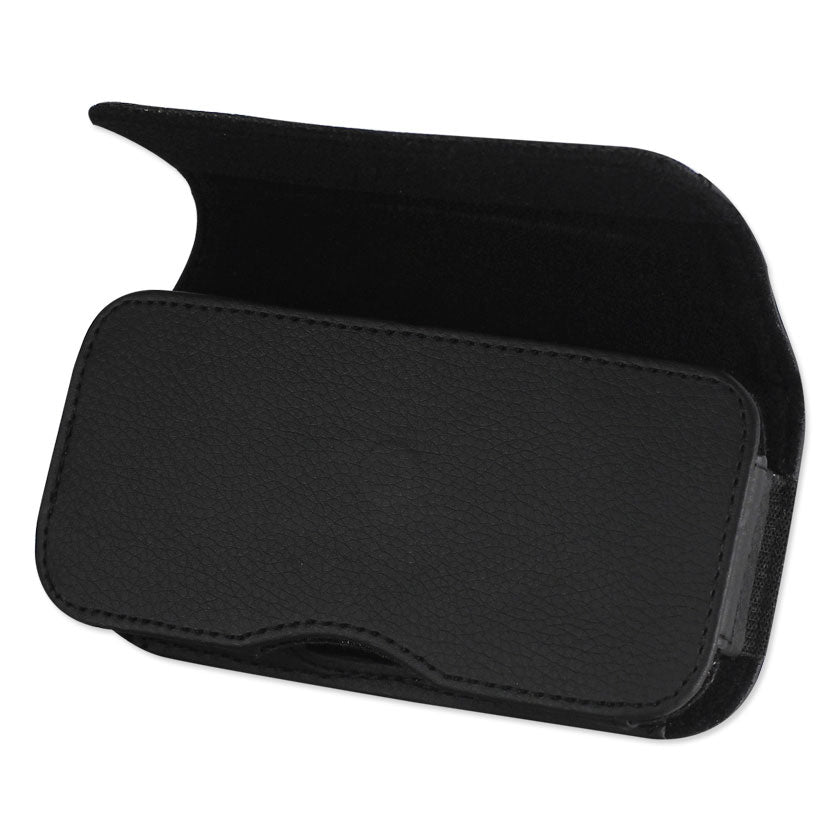 Rugged Horizontal Leather Pouch/Phone Holster With Metal Logo And Magnetic Closure In Black