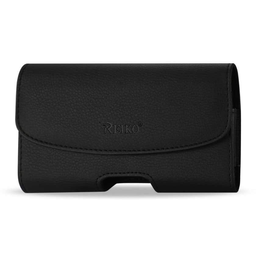 Pouch/ Phone Holster Leather Horizontal Magnetic Clasp Embossed Logo Black Color