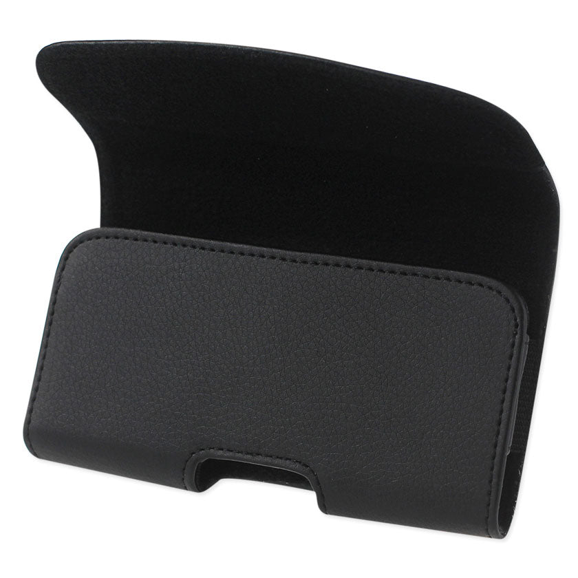 Pouch/ Phone Holster Leather Horizontal Magnetic Clasp Metal Logo Black Color
