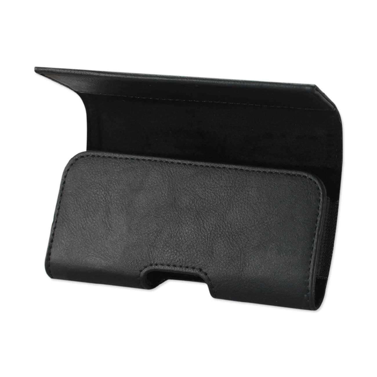 Pouch/ Phone Holster Leather Horizontal Flat Closure Embossed Logo Black Color In Poly Bag Packaging