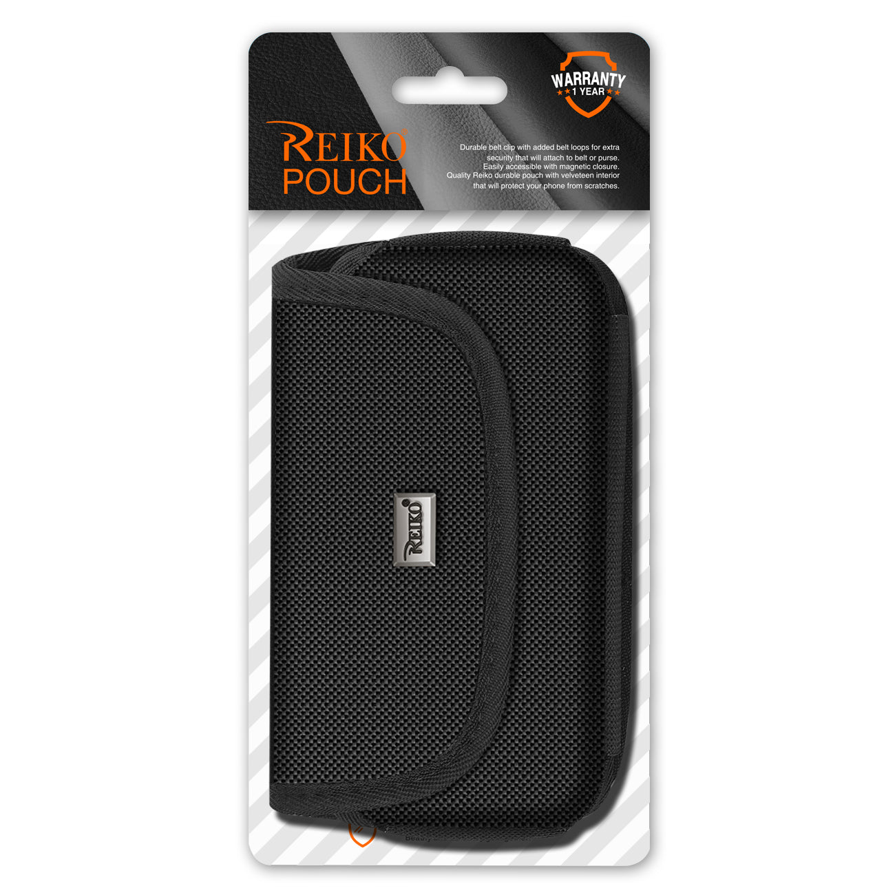 Pouch/ Phone Holster Leather Horizontal Magnetic Clasp Metal Logo Black Color.