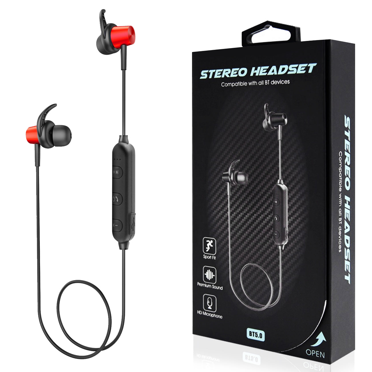 Earphone Headset Magnetic Bluetooth With Mic Red Color