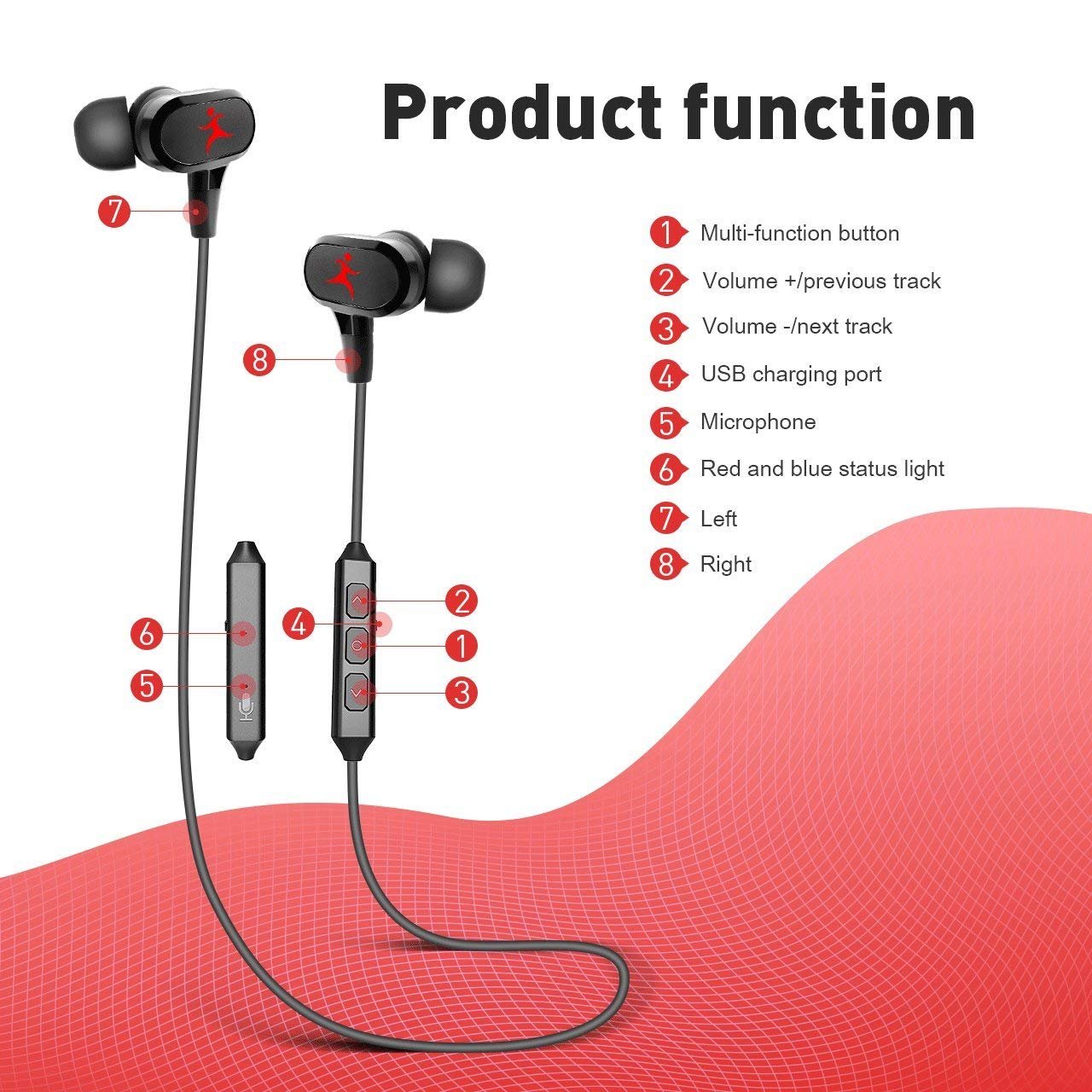 Earphones Wireless Sport With Magnetic Controlled Switch Red Color