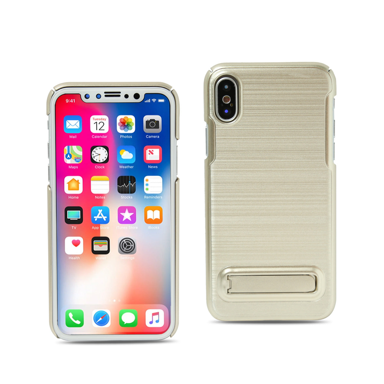 iPhone X Metal Brushed Texture Case With Kickstand In Gold