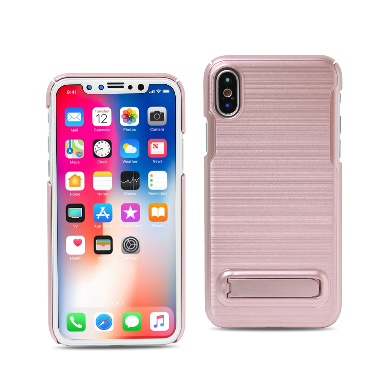 iPhone X Metal Brushed Texture Case With Kickstand In Rose Gold