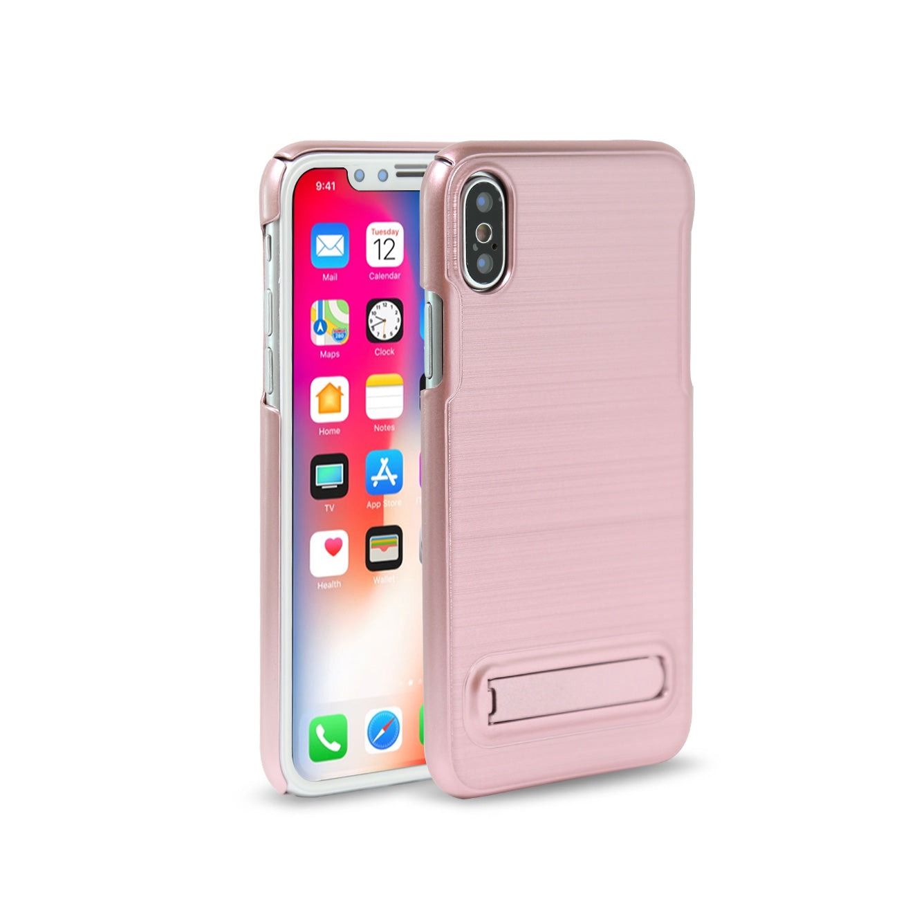 iPhone X Metal Brushed Texture Case With Kickstand In Rose Gold