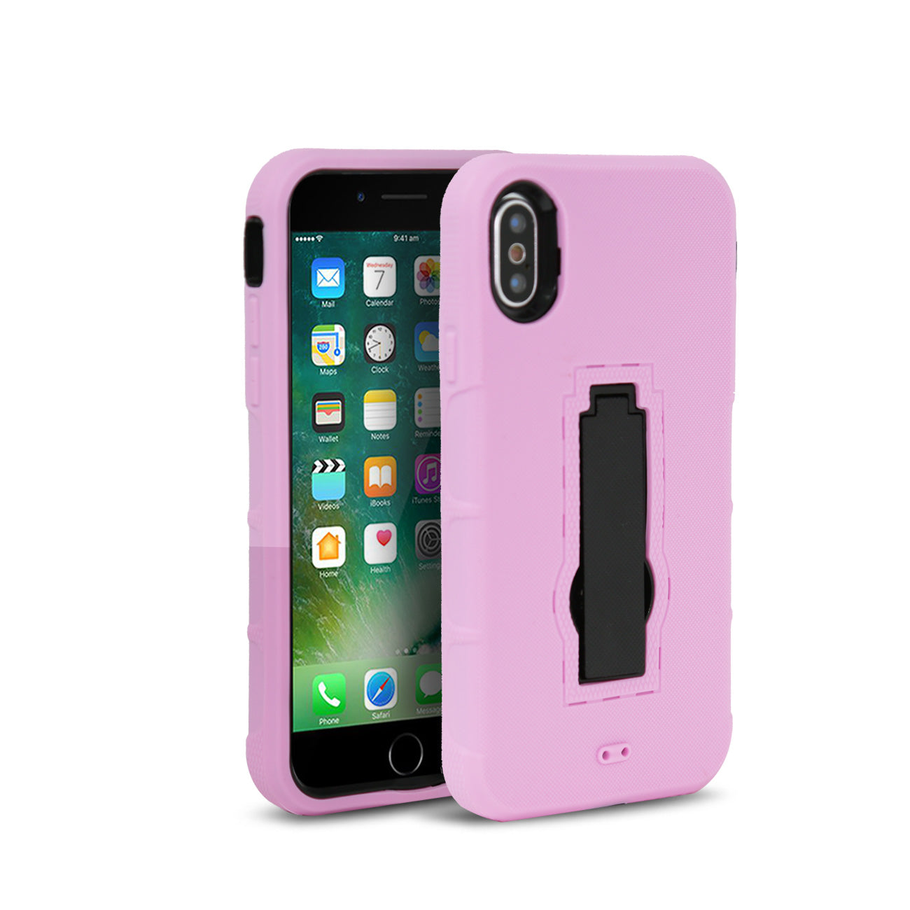 iPhone X Hybrid Dual Layer Protective Case With Kick-Stand In Pink