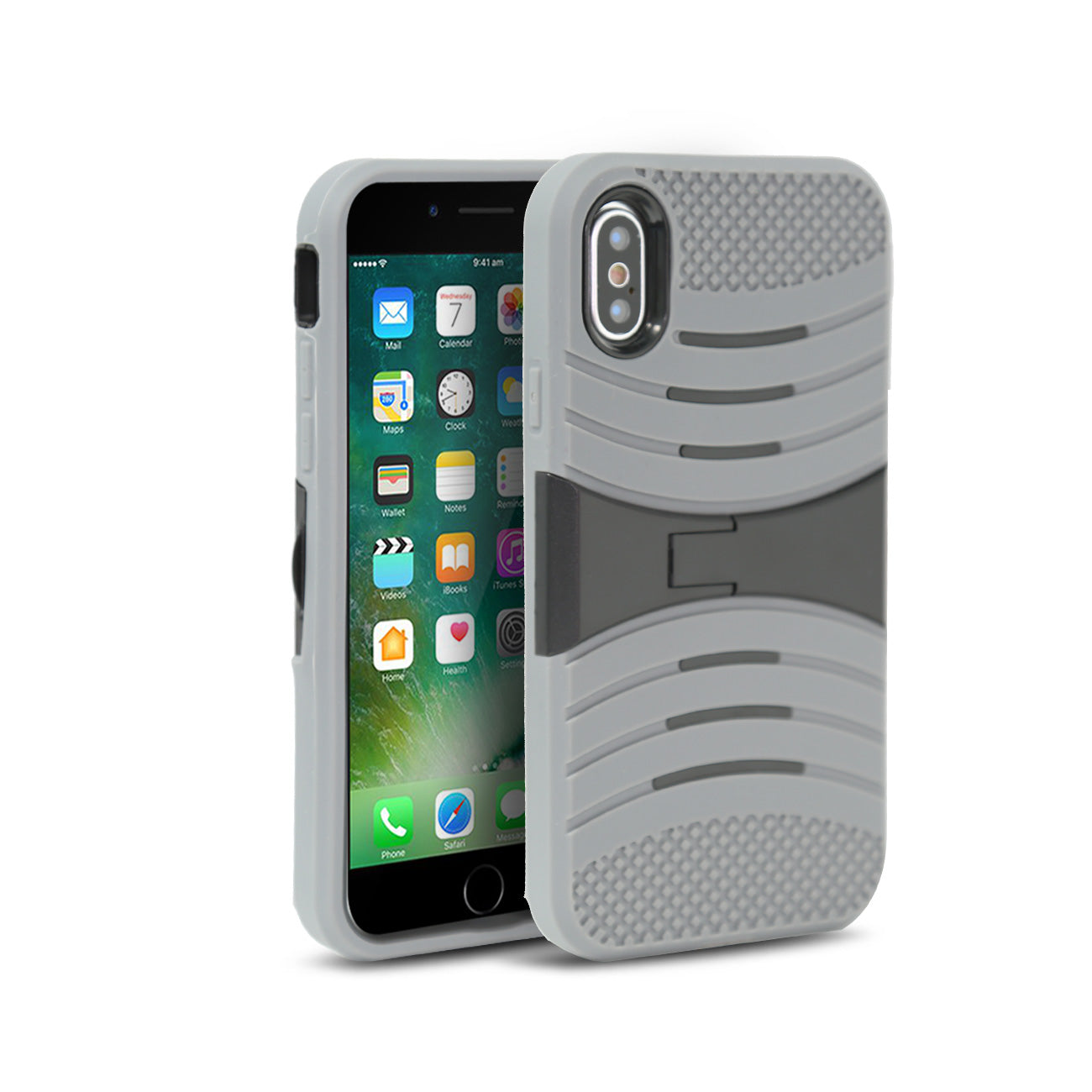 iPhone X Hybrid Dual Layer Protective Case With Kick-Stand In Gray